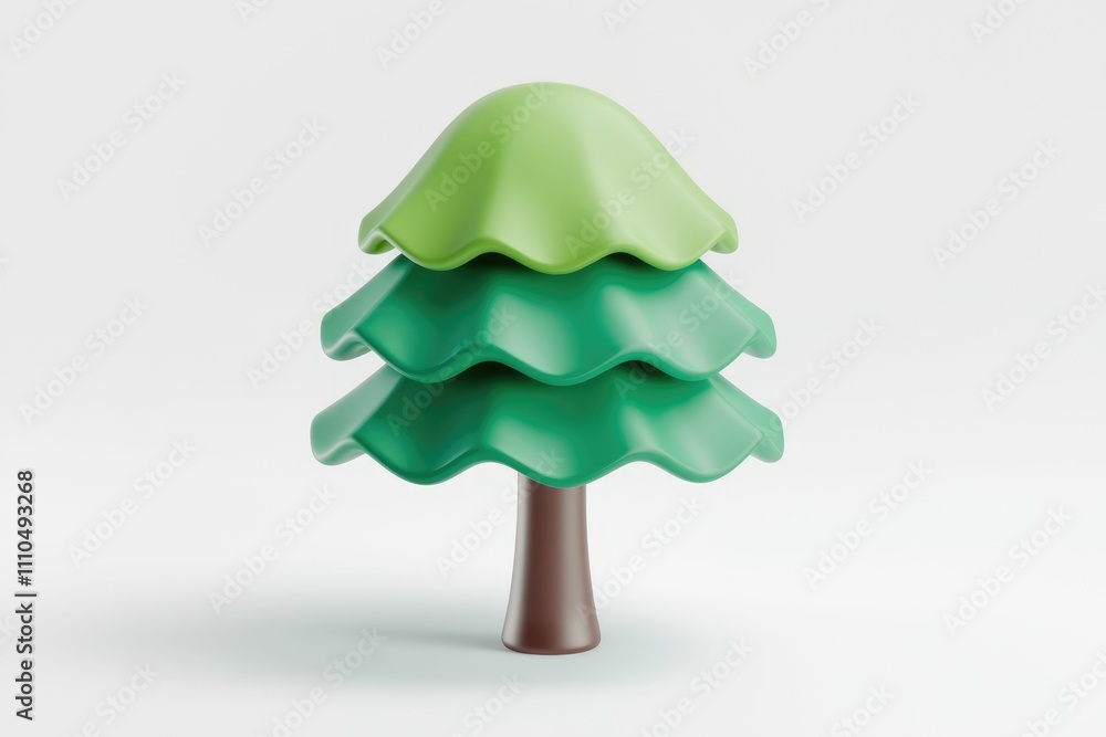 Poster a stylized 3d model of a christmas tree with three layers of green foliage and a brown trunk.