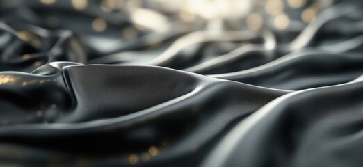 Black satin fabric texture with shimmering highlights, soft folds and creases, elegant and luxurious appearance, copy space for text