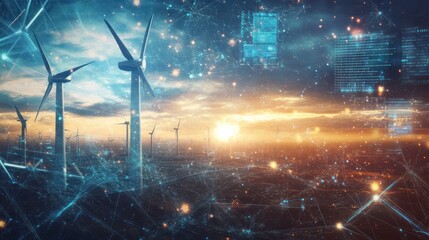energy turbines spinning in a bright, abstract landscape, surrounded by digital grids and particles representing