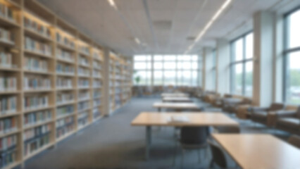 Abstract blurred library background. blurry room with bookshelves, and chairs by defocused effect. Use it as a background or backdrop for back-to-school or education concepts.