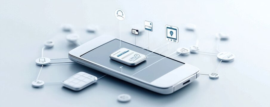 mobile payment cashless network concept. A smartphone with a SIM card, surrounded by digital icons representing connectivity and security features.