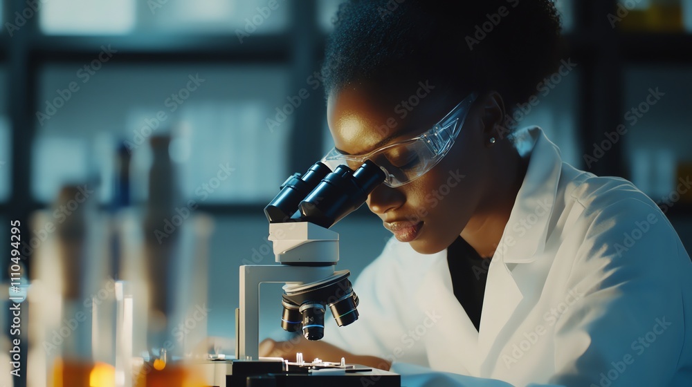 Aufkleber a scientist looks through a microscope in a lab.