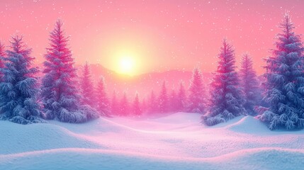 Watercolor Xmas-Theme Concept. A breathtaking winter landscape featuring snowy trees beneath a colorful sunset, evoking a serene and magical atmosphere.
