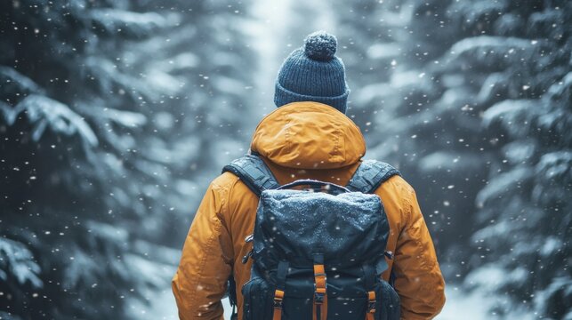 Person in yellow jacket walking in snowy forest, snowflakes falling, winter hiking, adventure, solitude, cold weather, nature exploration, peaceful landscape, frosty day. - Powered by Adobe
