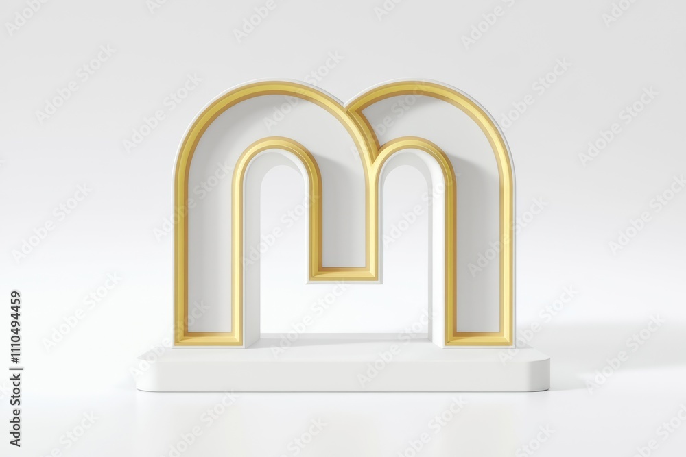 Poster elegant 3d rendering of letter m with white and gold arch design.