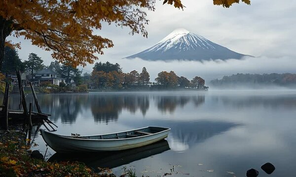 Serene Autumn Morning at Lake Ashi with Mount Fuji in the Mist