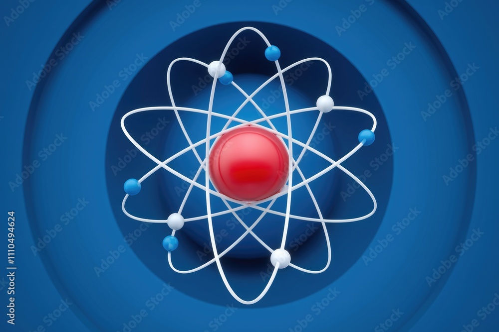 Poster a stylized 3d model of an atom with a red nucleus and orbiting electrons.