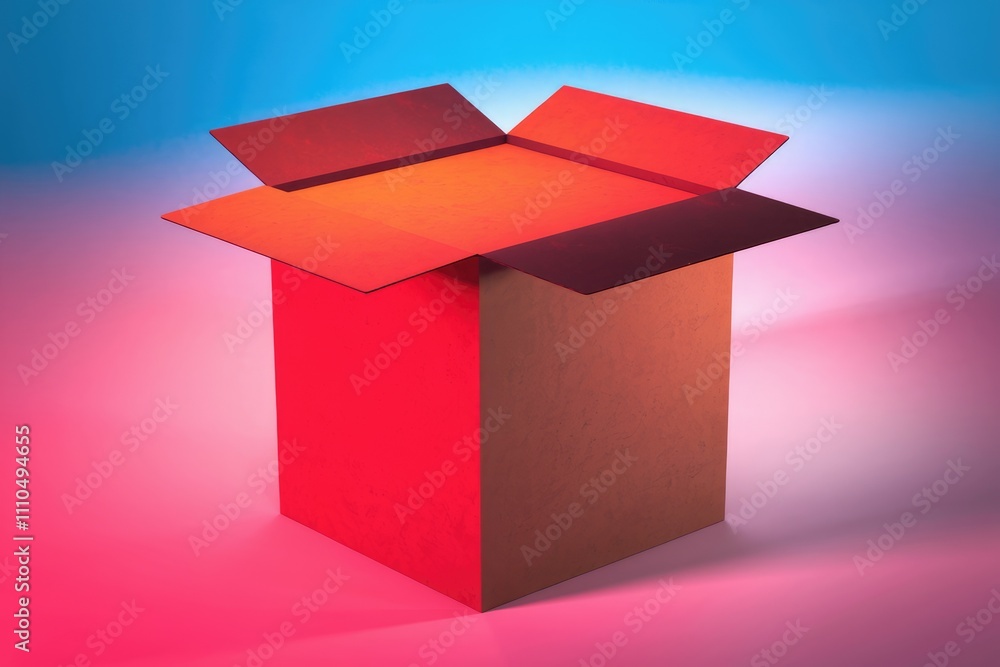 Fototapete open cardboard box illuminated with vibrant red and pink light creating a striking visual.