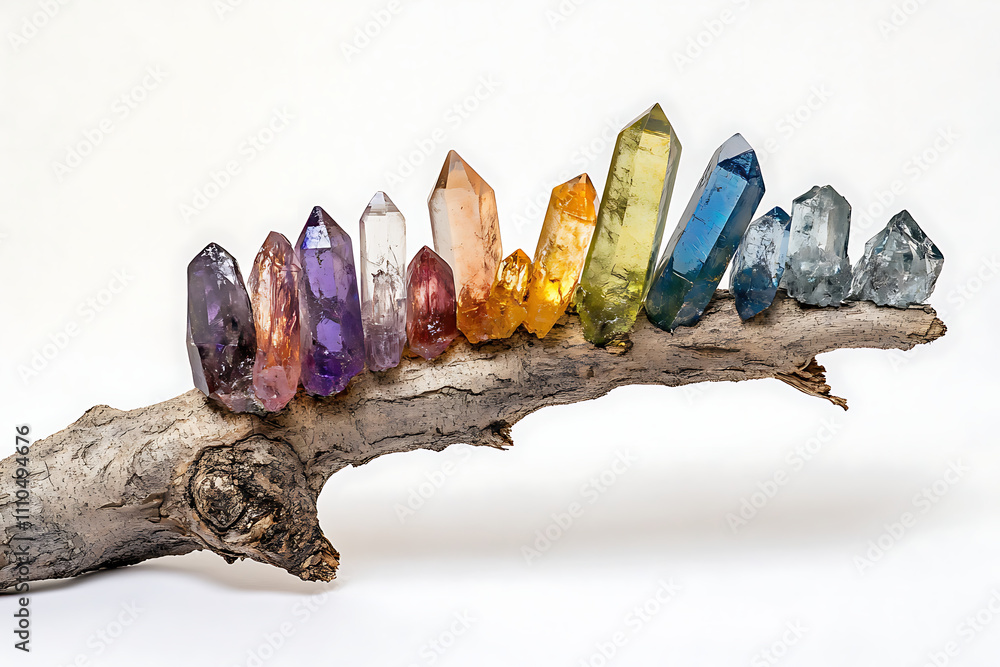 Aufkleber a display of colorful crystals arranged on a rustic branch.