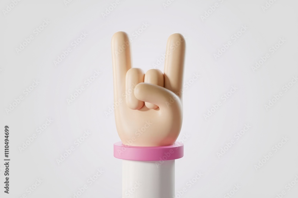 Poster a 3d rendered cartoon hand showing the rock on gesture on a pink base.