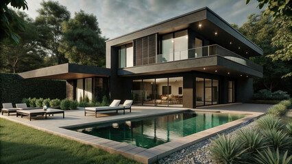 Here's a caption and keywords for your stock photo.. Modern luxury home with pool, outdoor furniture, and lush landscaping at sunset.