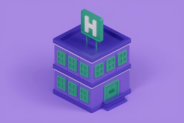 A minimalist 3D model of a purple hotel building with green windows and an H sign on the roof.