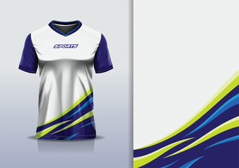 T-shirt mockup abstract curve line jersey design for football, soccer, racing, esports, running, in blue white navy green color