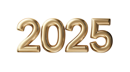 Golden numbers of year 2025 isolated on white transparent background. New year 2025.