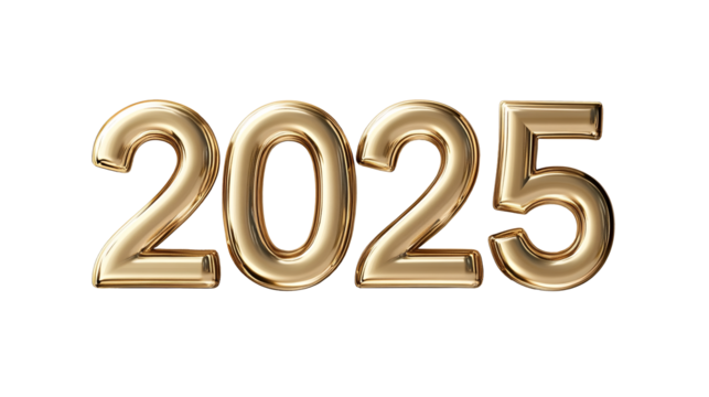 Golden numbers of year 2025 isolated on white transparent background. New year 2025.