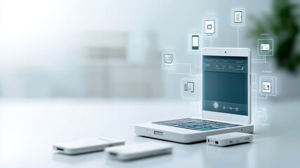 mobile payment cashless network concept. A sleek laptop with digital icons surrounding it, symbolizing connectivity and technology in a modern workspace.