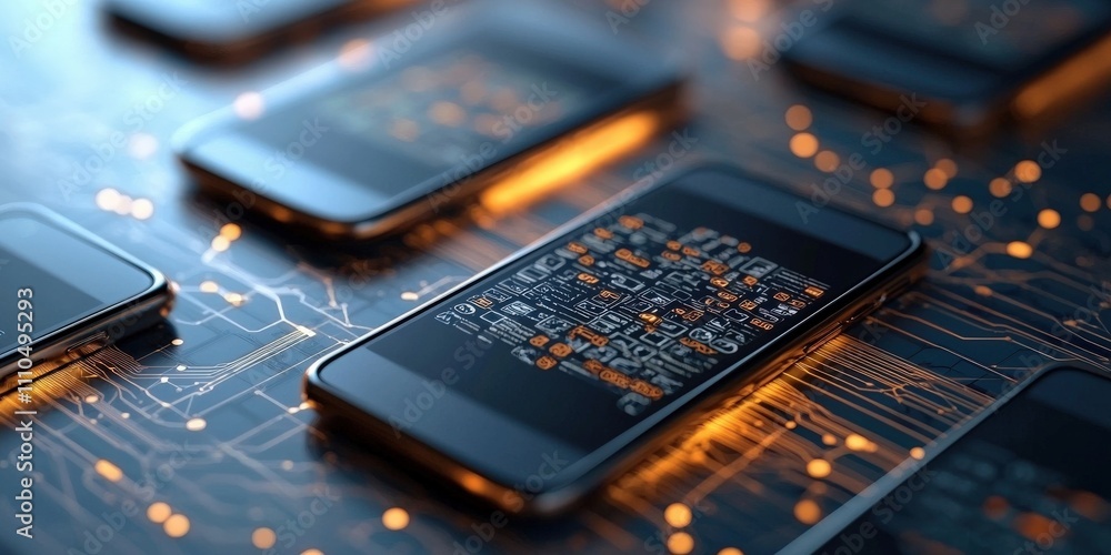 Aufkleber mobile payment cashless network concept. a close-up view of smartphones on a circuit board, showcasi