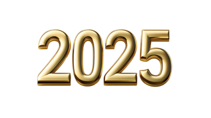 Golden numbers of year 2025 isolated on white transparent background. New year 2025.