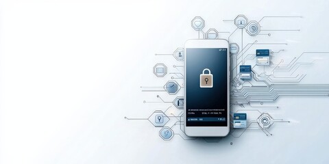 mobile payment cashless network concept. A smartphone with a lock icon is surrounded by digital elements, representing mobile security and data protection in a modern, tech-focused environment.