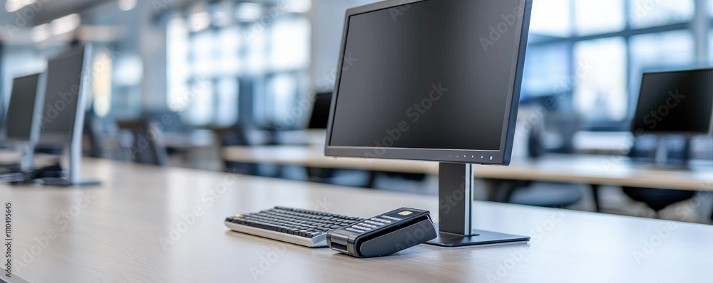 Aufkleber mobile payment cashless network concept. a modern office workspace featuring a computer monitor and 