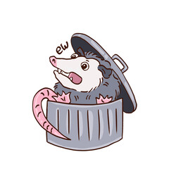portrait illustration of possum, rat in trash can doodle