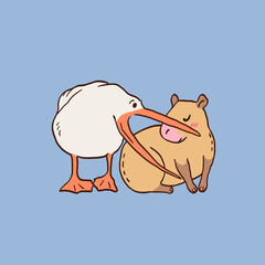 bird tries to eat capybara, cute guinea pig