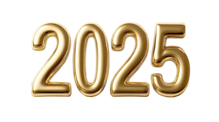 Golden numbers of year 2025 isolated on white transparent background. New year 2025.