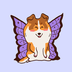 Shetland Sheepdog with wings sits. Cute puppies illustration. Little pet dogs, collie doodle, sheltie art	
