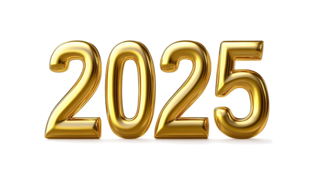 Golden numbers of year 2025 isolated on white transparent background. New year 2025.
