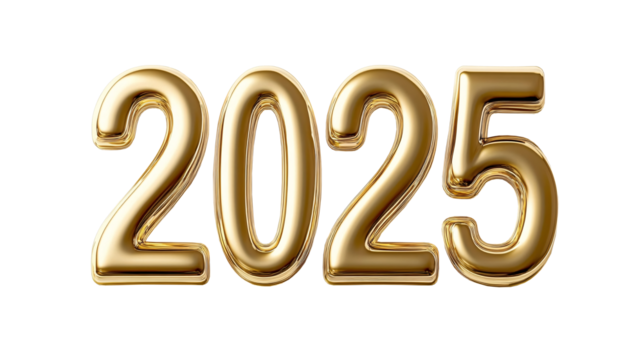 Golden numbers of year 2025 isolated on white transparent background. New year 2025.