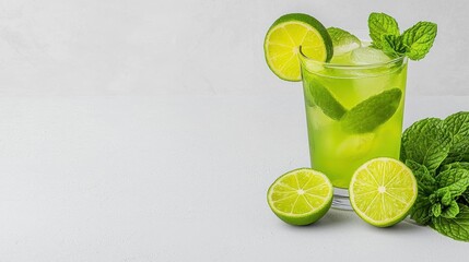 Fototapeta premium A photostock of freshly mixed mojito cocktails with lime slices and mint leaves, styled on a clean white background for beverage themes. High Quality