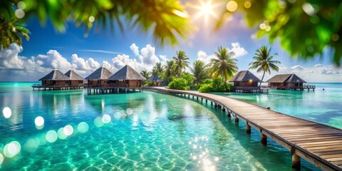 Obraz premium Luxurious Panoramic Tropical Island Resort with Overwater Bungalows, White Sand Beach, Turquoise Ocean, and Palm Trees - Perfect Vacation Destination in Paradise