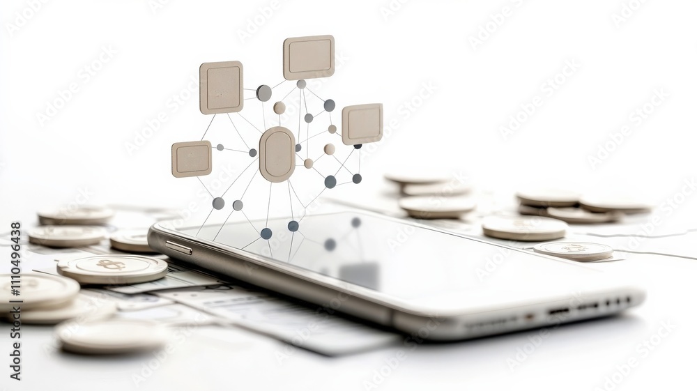 Poster mobile payment cashless network concept. a smartphone rests among coins, symbolizing digital finance