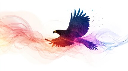 Obraz premium The image of an eagle surrounded by a halo of colorful waves is stunning, representing the intersection between nature and scientific exploration.