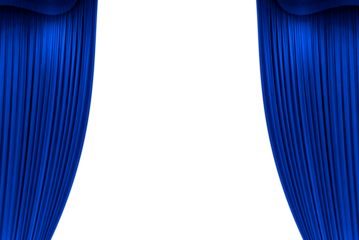 Open blue stage curtain, photo, png isolated on transparent background