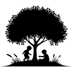 Kids Play Under Tree Silhouette.