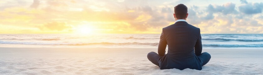 A man in a suit sits on the beach, gazing at a beautiful sunrise over the ocean, embodying tranquility and reflection.