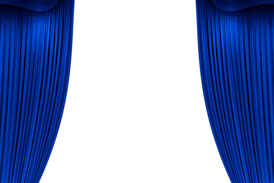 Open blue stage curtain, photo, png isolated on transparent background