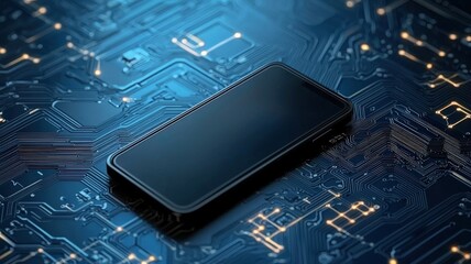 mobile payment cashless network concept. A sleek smartphone resting on a futuristic circuit board, illuminated by blue light, symbolizing advanced technology and connectivity.