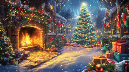 Naklejka premium Vibrant Christmas Celebration with Twinkling Lights, Stockings, and a Beautifully Decorated Tree