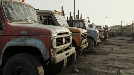 Fototapeta premium Empty damaged trucks scattered on a desolate street, symbolizing the aftermath of a crisis and the need for resilience and rebuilding.