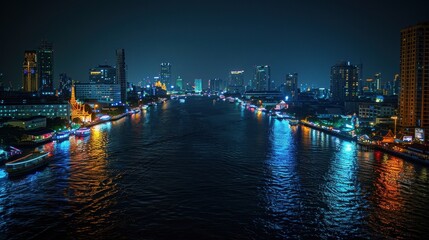 A vibrant night cityscape along a river, showcasing illuminated buildings and reflections on the water.