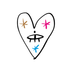 Cute charming sacred heart black and color grunge brush vector hand drawn symbol with eye face and tail illustration clipart. Love Valentine symbol. Decor element for logo, label, emblem, poster