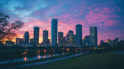Dawn sky over a city skyline, with the first light illuminating the tall buildings