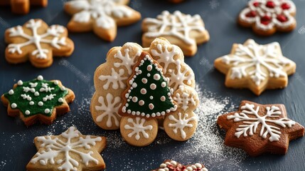 Fototapeta premium Festive New Year cookies decorated artfully with icing, capturing the sweet joy and celebration of the holiday season.