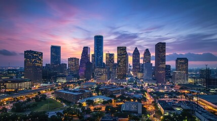 Naklejka premium Dawn sky over a city skyline, with the first light illuminating the tall buildings