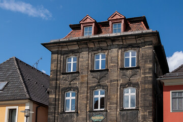 Historical old town of the district town Lichtenfels on a day with blue sky and cumulus clouds, Germany, Lichtenfels, 29.July.2023