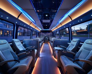 Contemporary luxury bus interior with spacious seating and modern finishes. Designed for comfort and style with sleek decor and soft lighting.