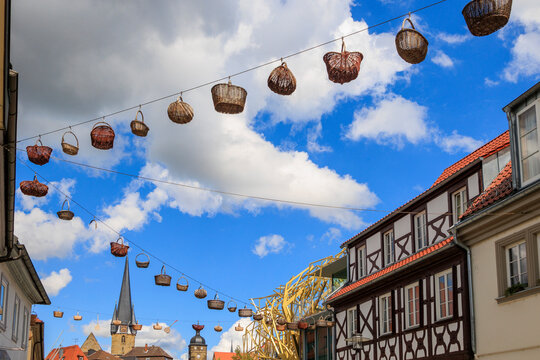 Historical old town of the district town Lichtenfels on a day with blue sky and cumulus clouds, Germany, Lichtenfels, 29.July.2023