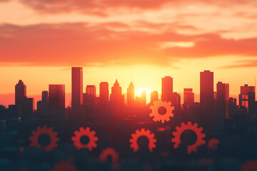 Obraz premium vibrant city skyline at sunset morphs into interconnected gears, symbolizing innovation and industry. warm hues of sky blend with silhouette of buildings, creating dynamic scene
